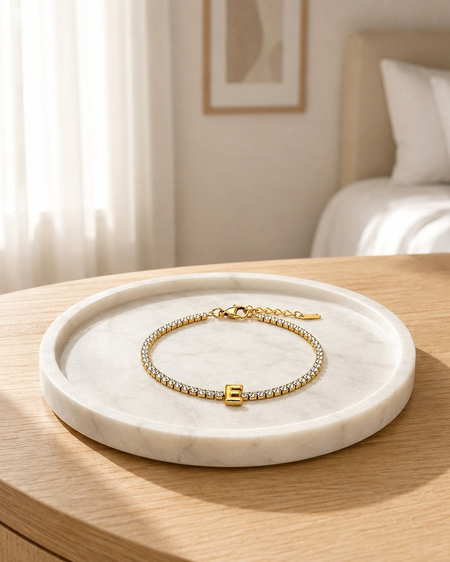 Gold Plated Waterproof Initial 'E' Letter Charm Bracelet (11478)
