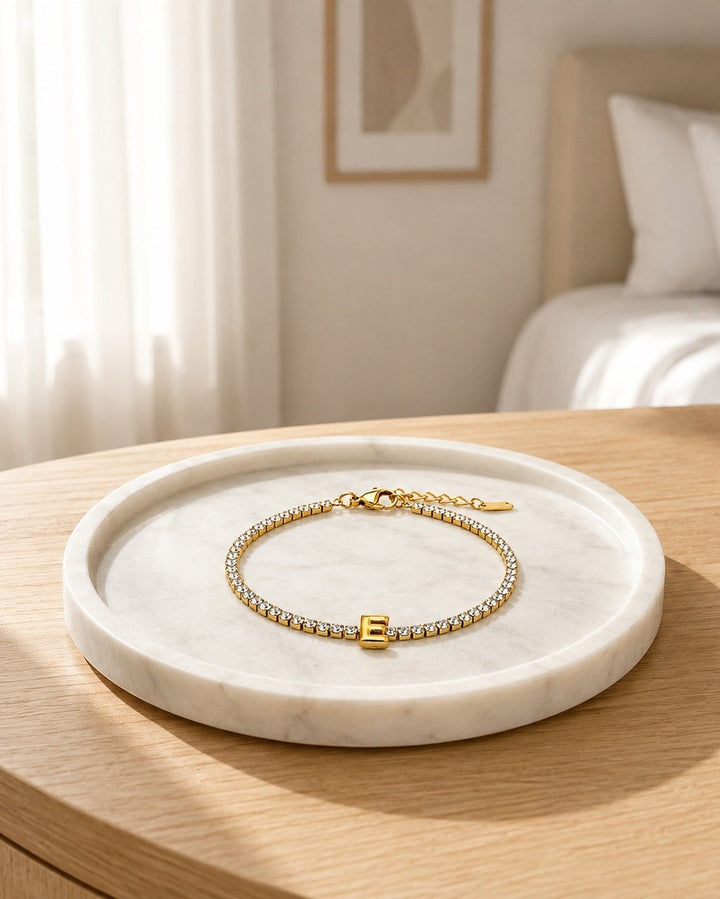 Gold Plated Waterproof Initial 'E' Letter Charm Bracelet (11478)