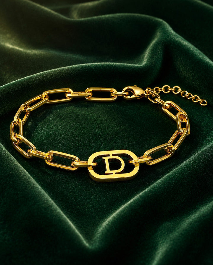 Gold Plated Waterproof Paperclip Chain Initial 'D' Letter Bracelet (11063)