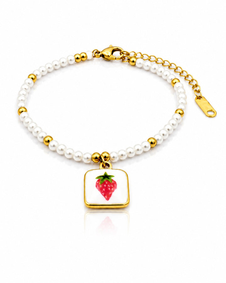 Gold Plated Waterproof Strawberry Pearl Charm Bracelet (11445)