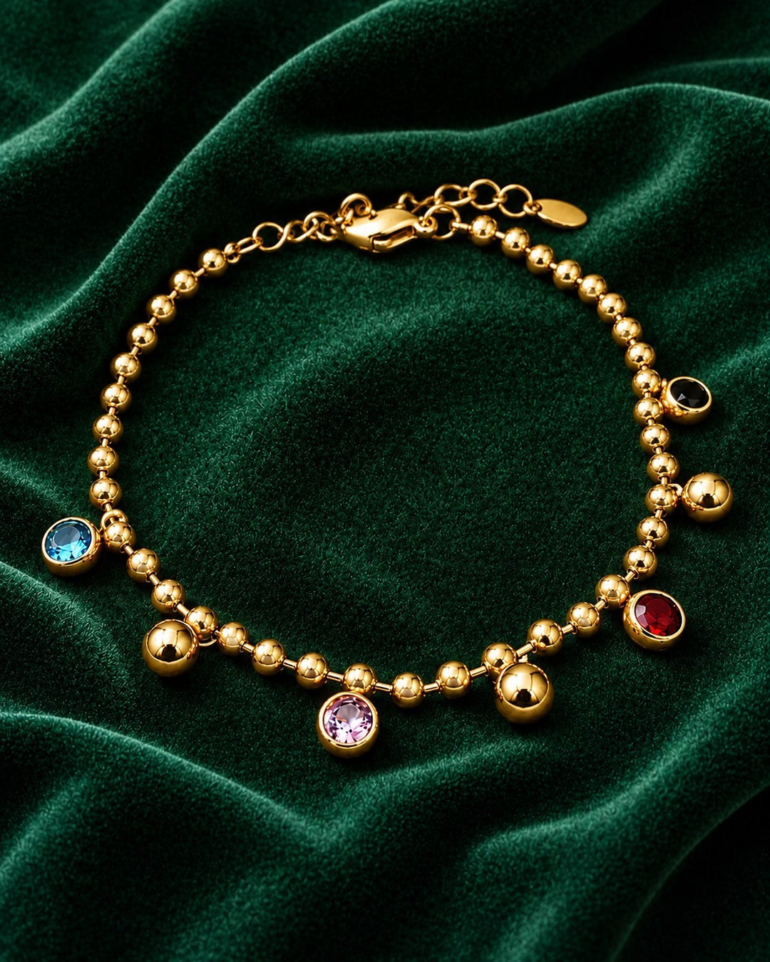 Gold Toned Multicolour Glass Stone Beaded Stretch Bracelet (11231)