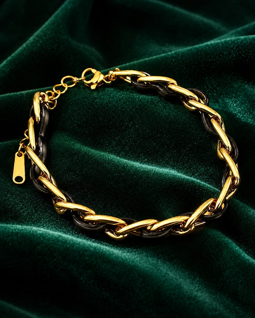 Gold Plated Black Braided Leather Link Bracelet (10688)