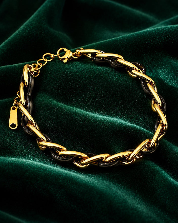 Gold Plated Black Braided Leather Link Bracelet (10688)