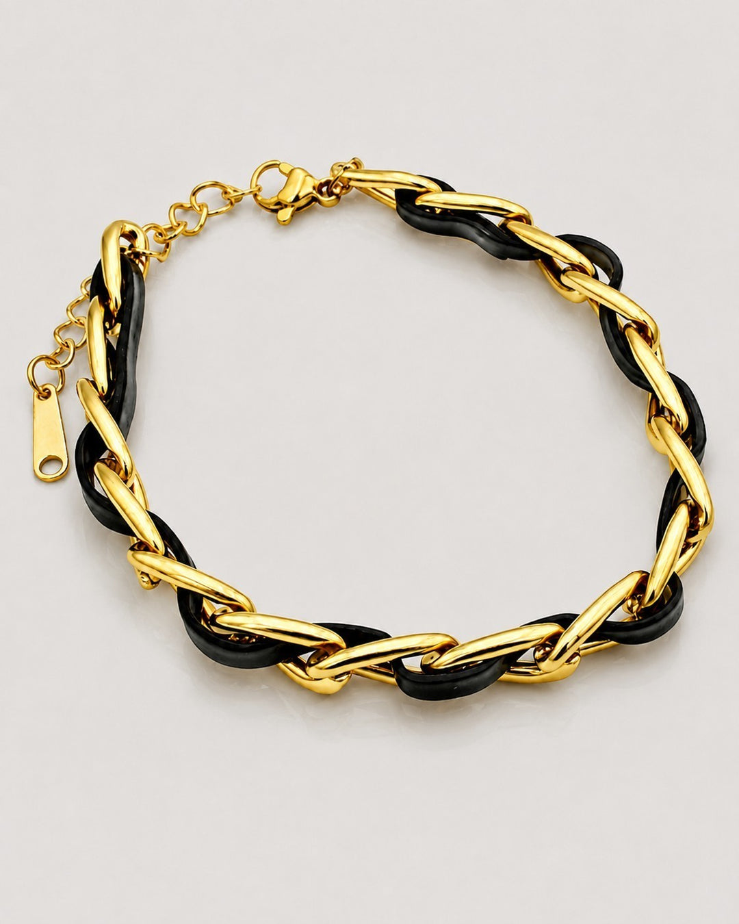 Gold Plated Black Braided Leather Link Bracelet (10688)