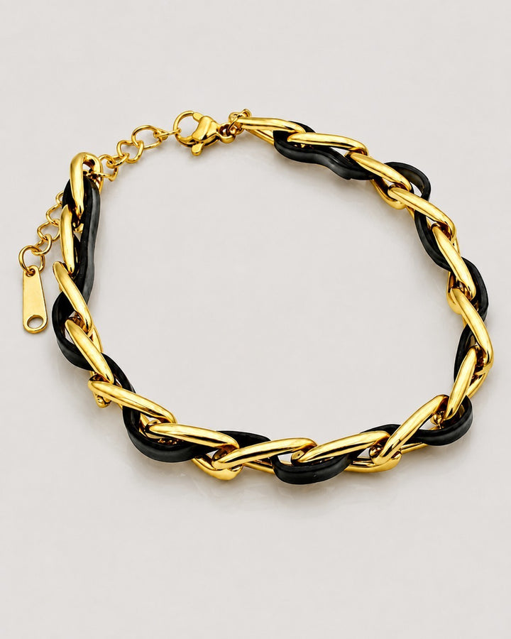 Gold Plated Black Braided Leather Link Bracelet (10688)