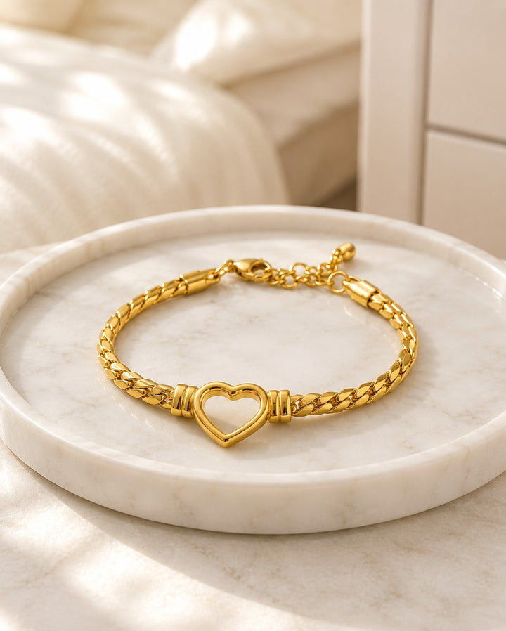 Gold Plated Hollow Heart Cuban Link Chain Bracelet (11214)