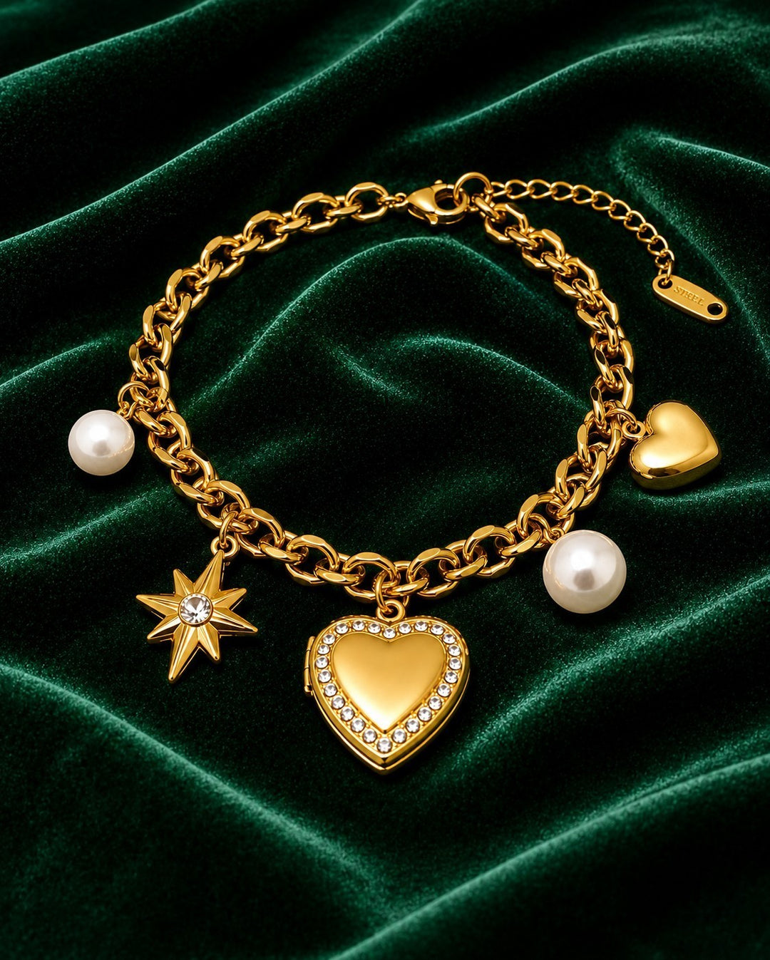 Gold Plated Waterproof Heart Locket Charm Bracelet (11452)