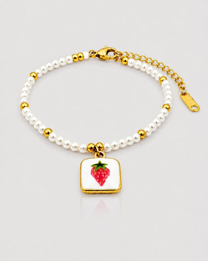 Gold Plated Waterproof Strawberry Pearl Charm Bracelet (11445)