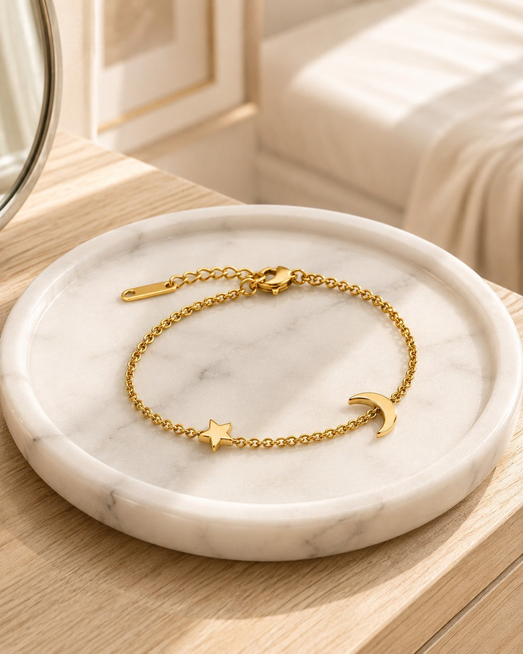 Gold Plated Waterproof Celestial Moon & Star Charm Bracelet (200013)