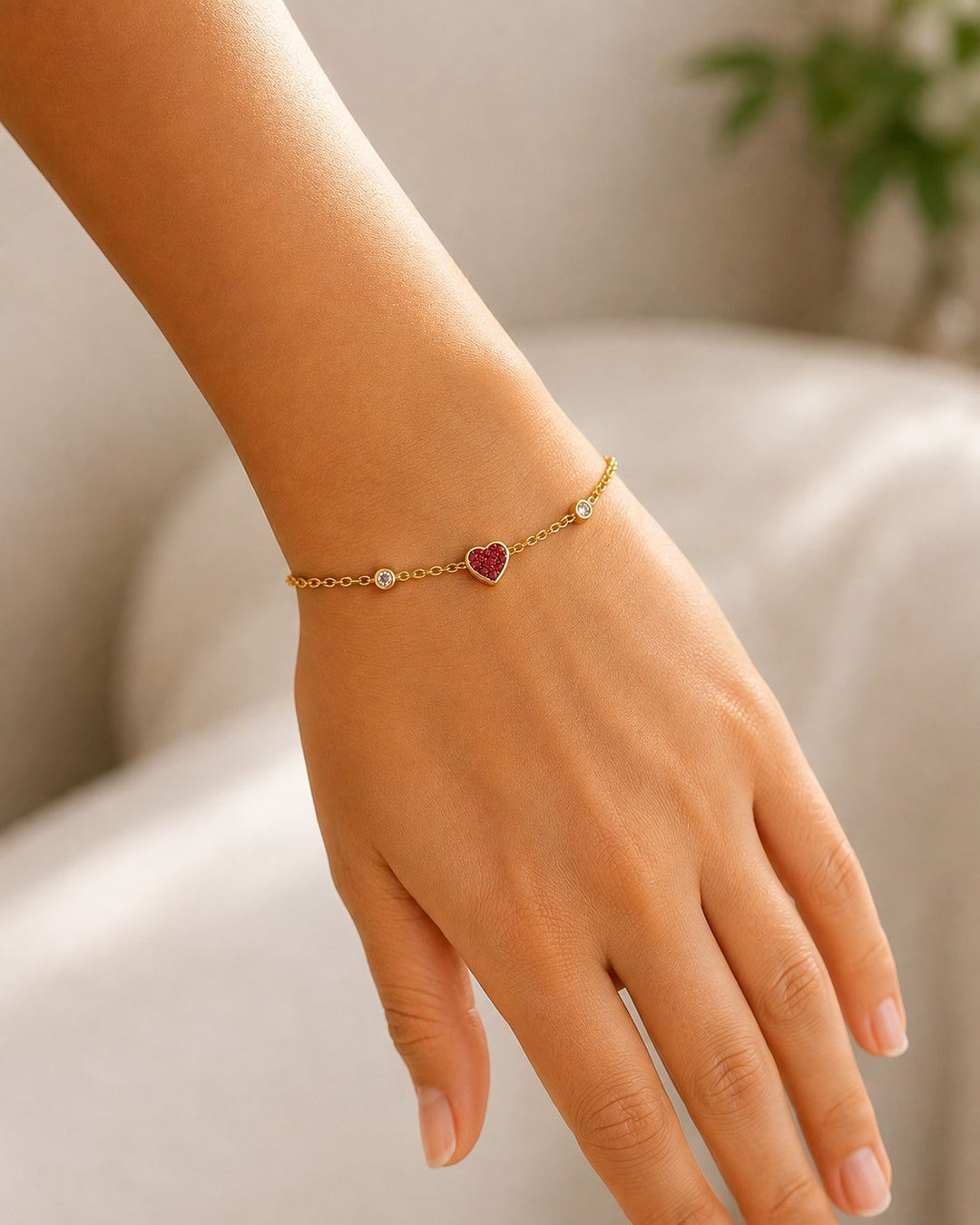 Dainty Red Heart Charm Gold Plated Waterproof Bracelet (10245)