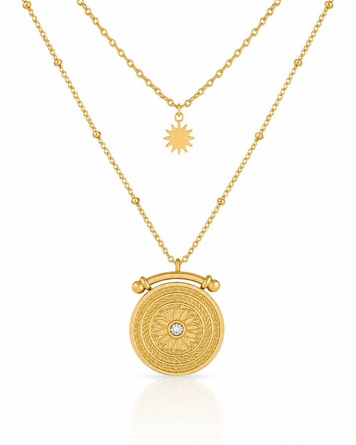 Gold Plated Celestial Sun and Sundial Double Layered Necklace (100061)