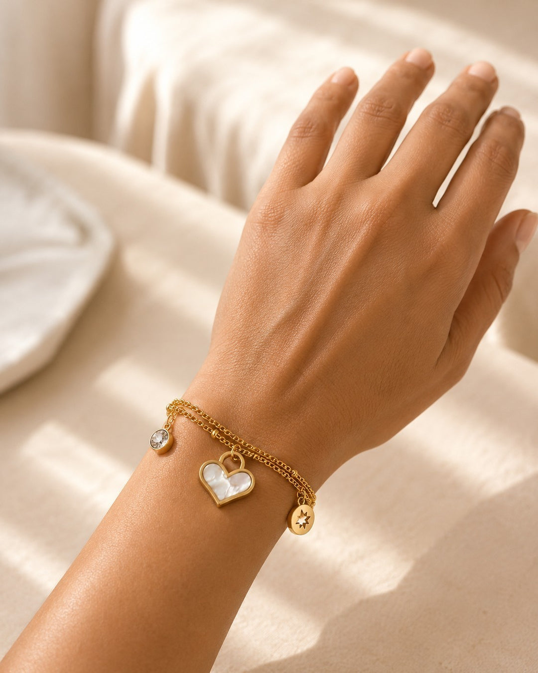 Gold Plated Waterproof Diamante Heart Layered Bracelet (10997)
