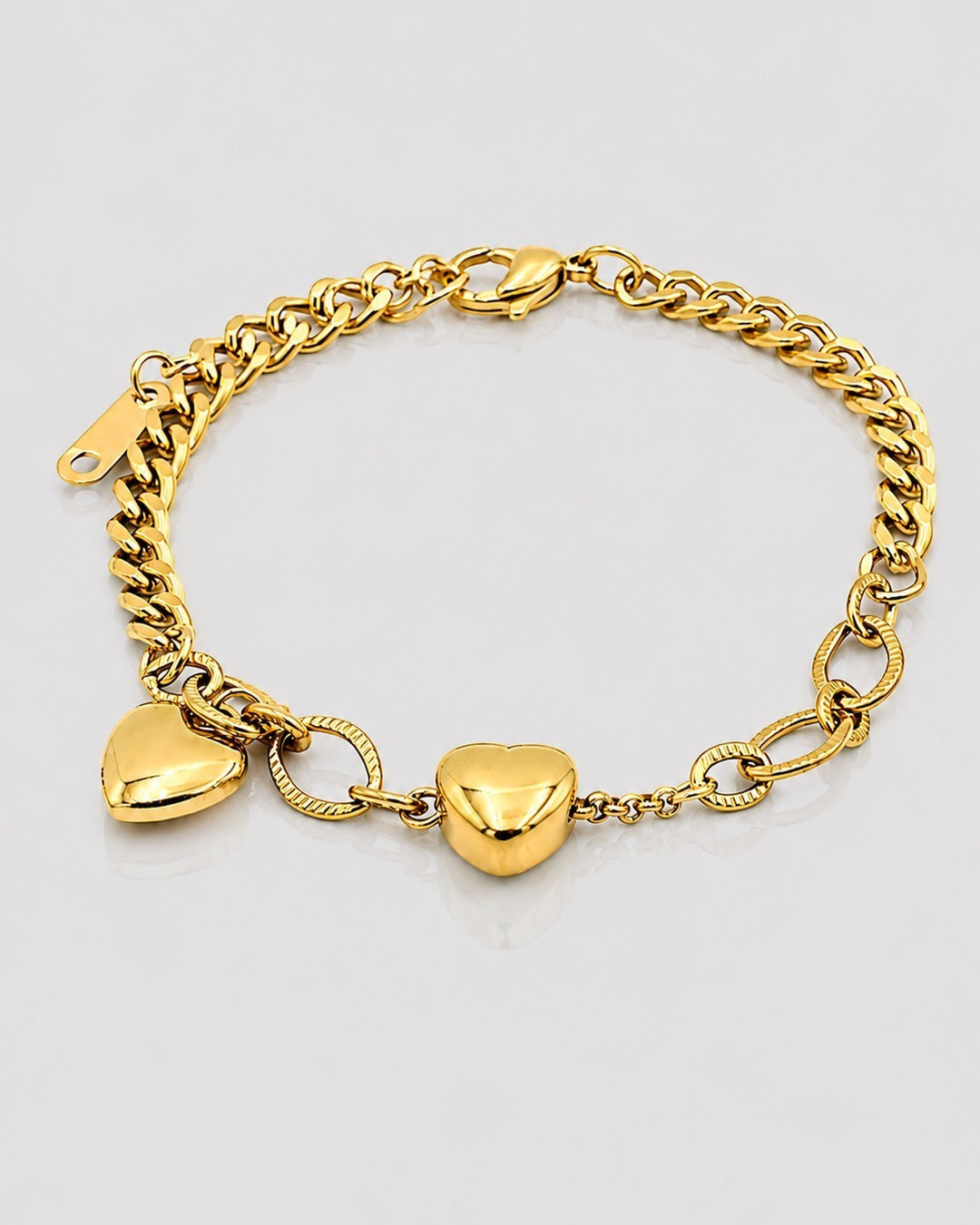 Gold Plated Waterproof Curb Chain Heart Charm Bracelet (10994)