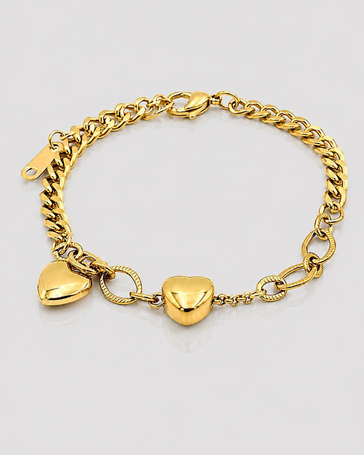 Gold Plated Waterproof Curb Chain Heart Charm Bracelet (10994)