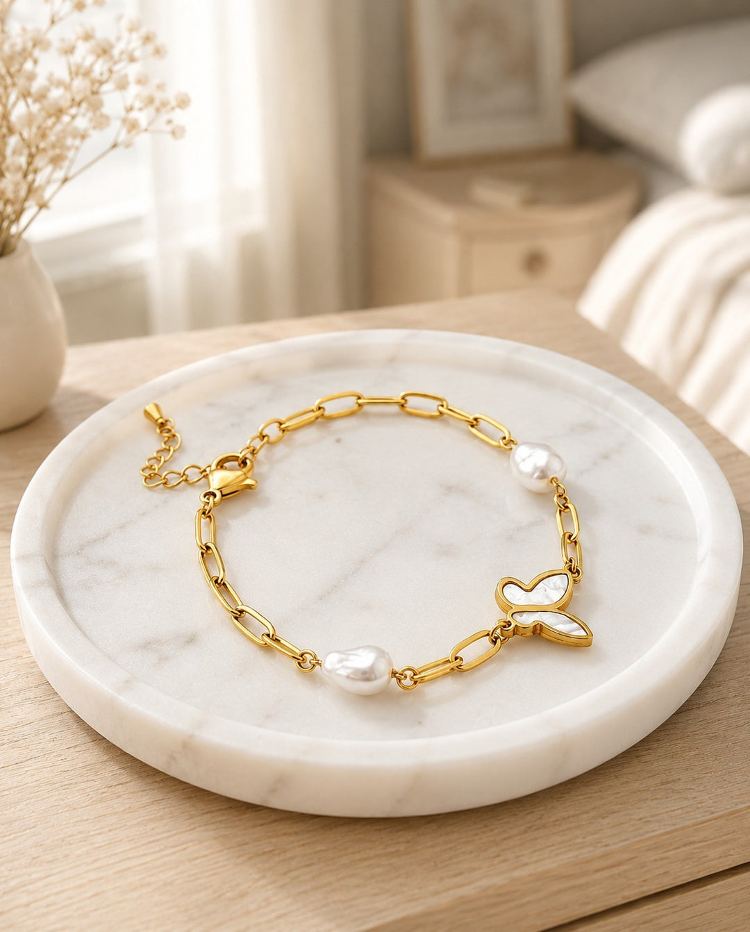 Gold Plated Pearl Butterfly Charm Bracelet (10258)