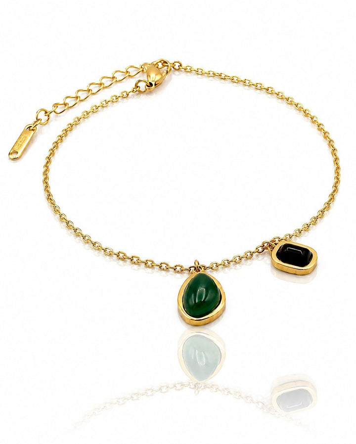 Gold Plated Waterproof Dainty Green and Black Stone Chain Bracelet (10827)