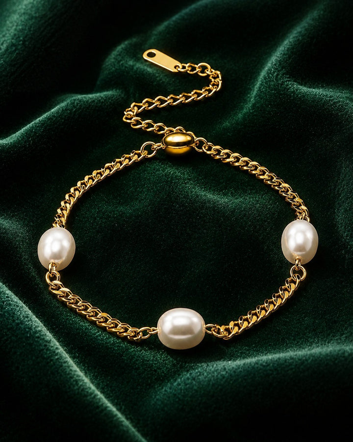 Gold Plated Waterproof Pearl Link Chain Bracelet (10526)
