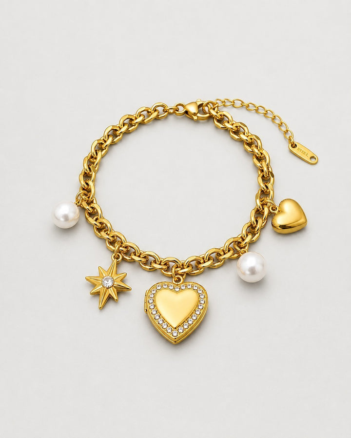 Gold Plated Waterproof Heart Locket Charm Bracelet (11452)