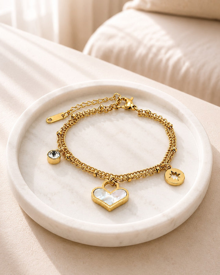 Gold Plated Waterproof Diamante Heart Layered Bracelet (10997)