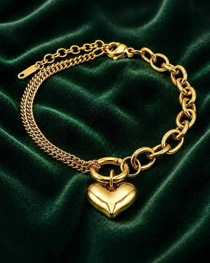 Gold Plated Waterproof Paperclip Chain Heart Charm Bracelet (10996)