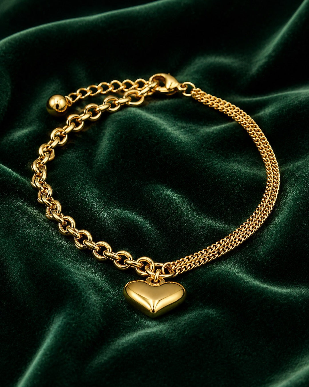 Gold Plated Waterproof Heart Charm Cable Chain Bracelet (10995)