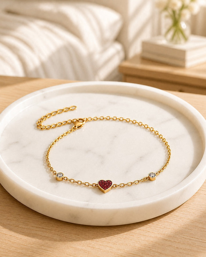 Dainty Red Heart Charm Gold Plated Waterproof Bracelet (10245)