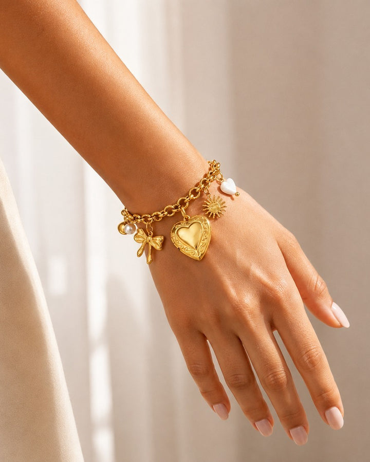 Gold Plated Waterproof Heart and Bow Charm Chain Bracelet (11453)