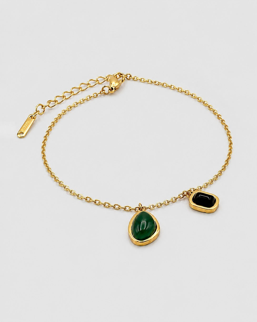 Gold Plated Waterproof Dainty Green and Black Stone Chain Bracelet (10827)
