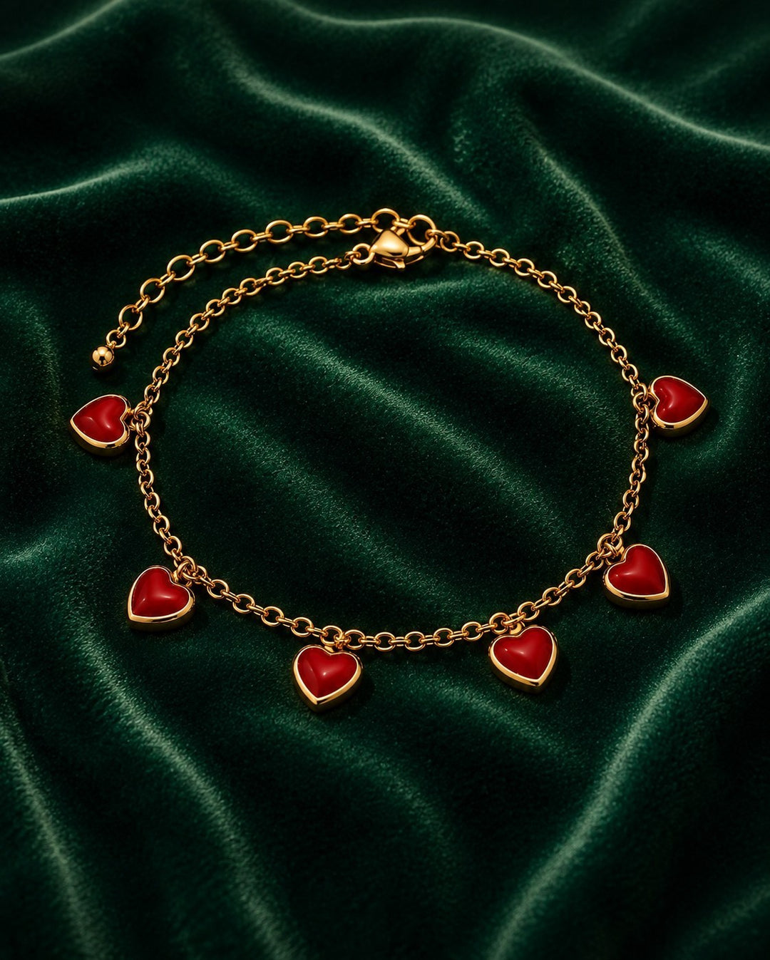 Gold Plated Burgundy Enamel Heart Charm Bracelet (11001)