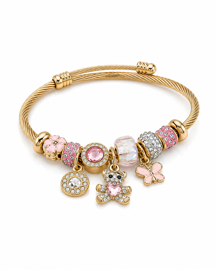 Pink Crystal Charm Gold Plated Cuff (12004)