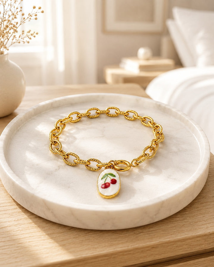 Gold Plated Waterproof Cherry Charm Bracelet (11444)
