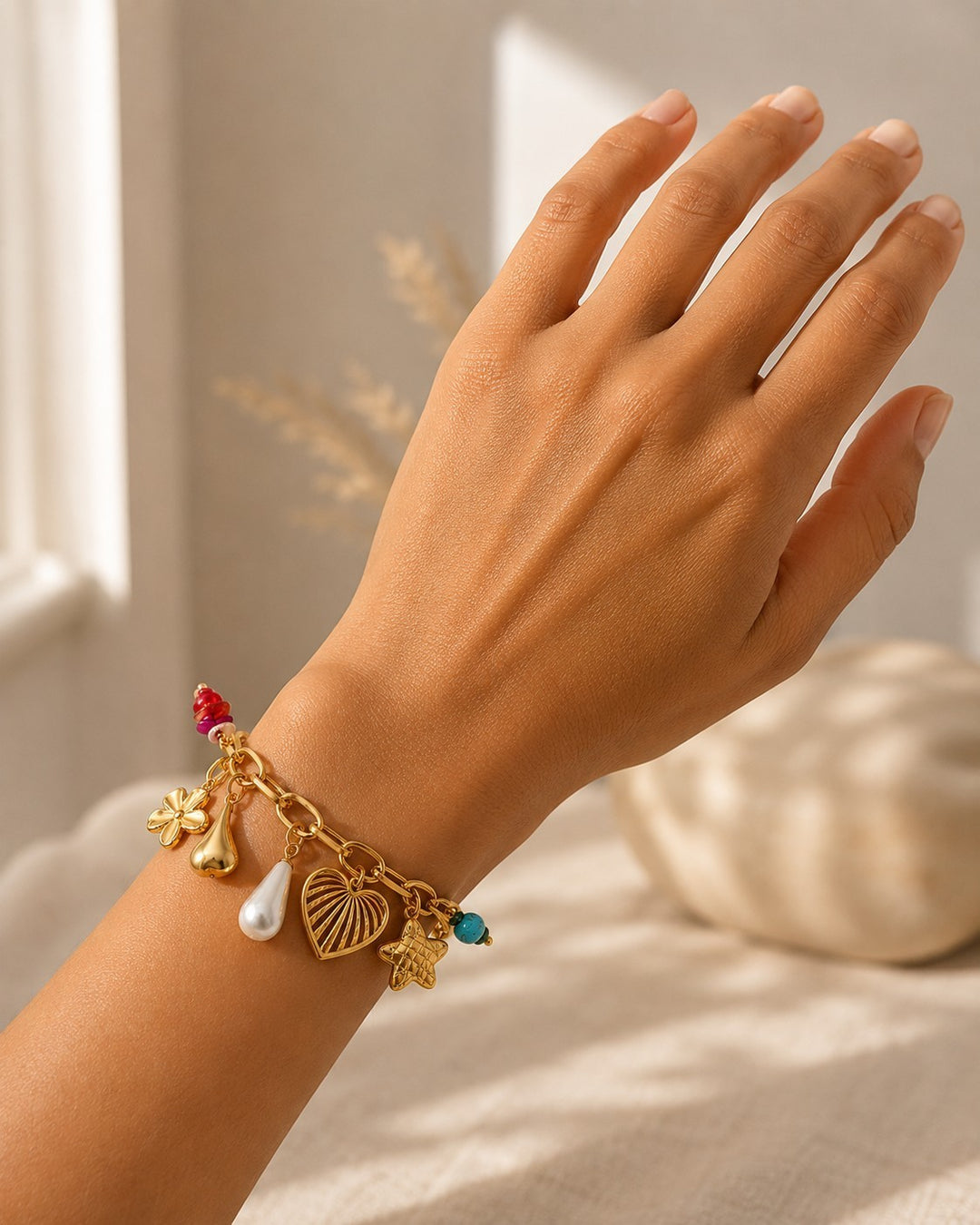 Gold Plated Waterproof T-Bar Cross Charm Bracelet (11437)