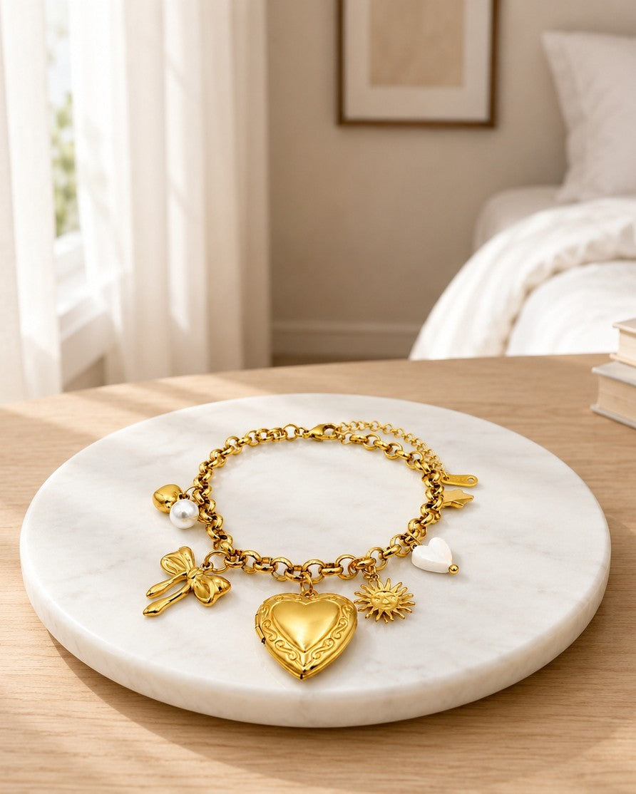 Gold Plated Waterproof Heart and Bow Charm Chain Bracelet (11453)