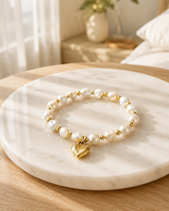Gold Plated Pearl & Heart Charm Bracelet (10978)