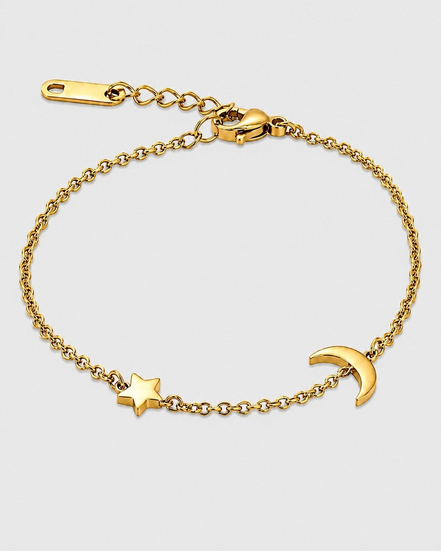 Gold Plated Waterproof Celestial Moon & Star Charm Bracelet (200013)