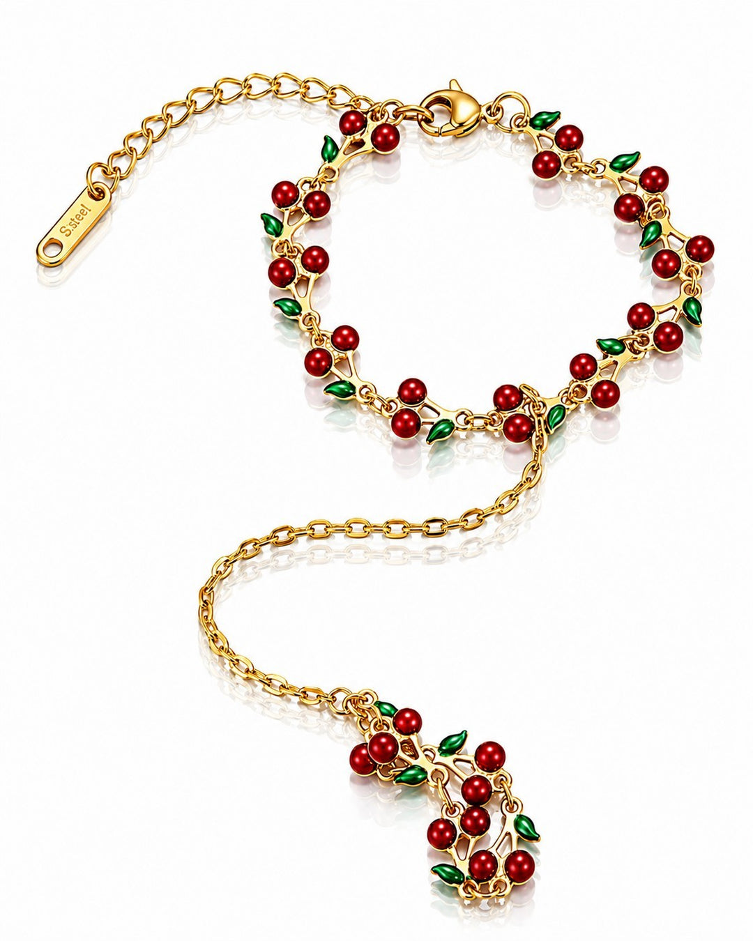 Gold Plated Red Cherry Charm Hand Chain Bracelet (11840)