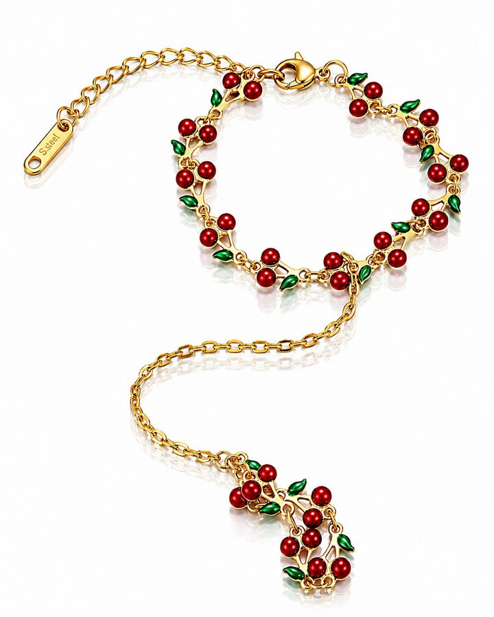Gold Plated Red Cherry Charm Hand Chain Bracelet (11840)