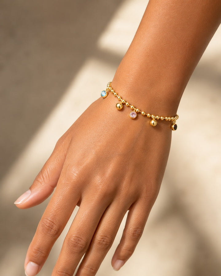 Gold Toned Multicolour Glass Stone Beaded Stretch Bracelet (11231)