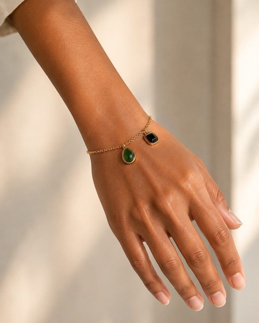 Gold Plated Waterproof Dainty Green and Black Stone Chain Bracelet (10827)