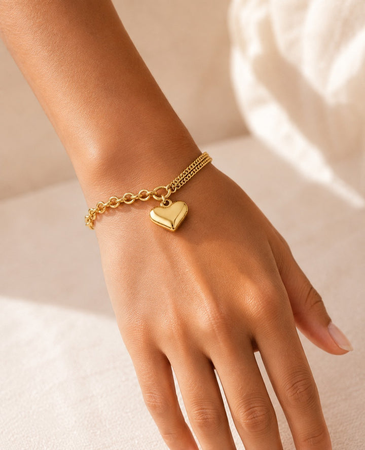 Gold Plated Waterproof Heart Charm Cable Chain Bracelet (10995)