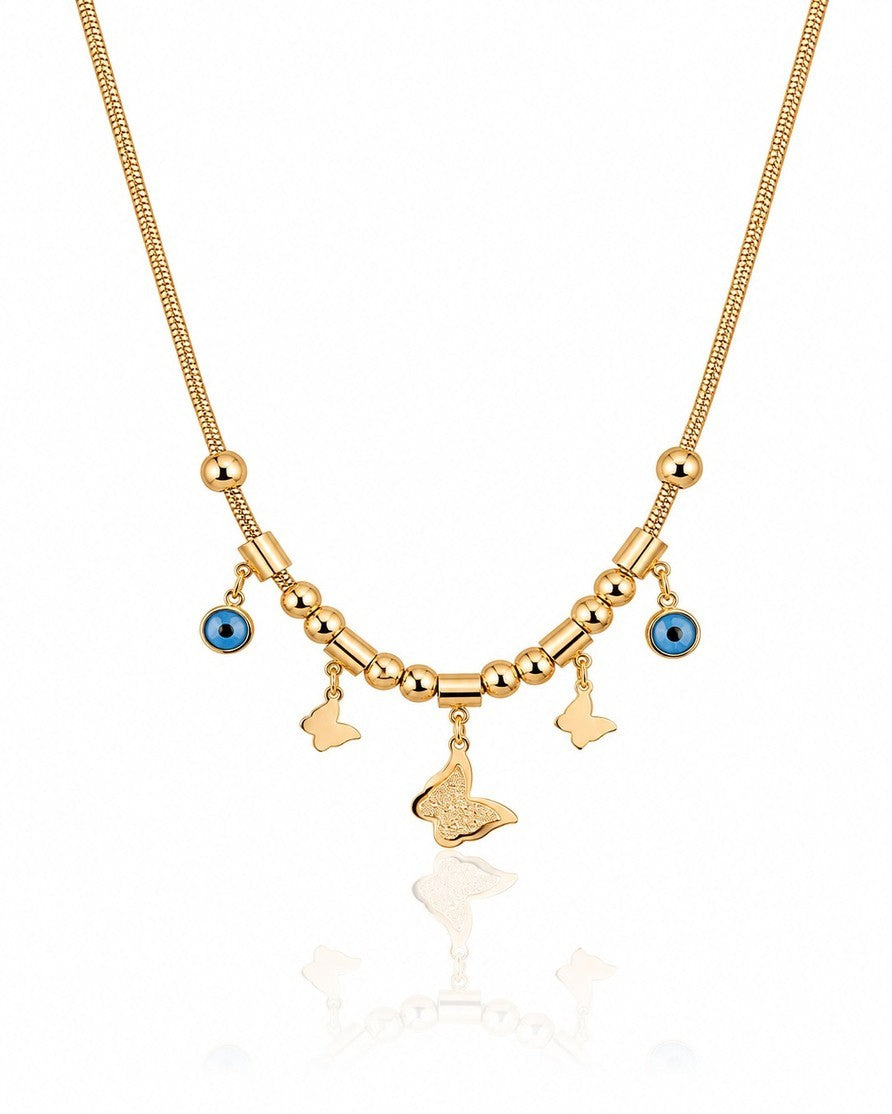 Elli Jewellery gold plated necklace featuring butterfly charms and blue evil eye pendants on a fine mesh chain.
