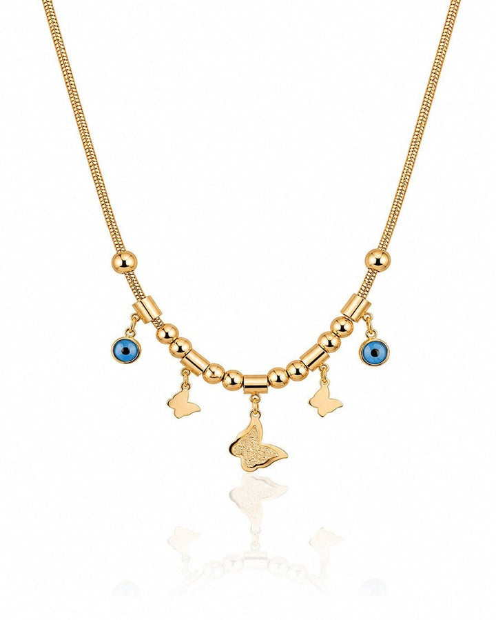 Elli Jewellery gold plated necklace featuring butterfly charms and blue evil eye pendants on a fine mesh chain.