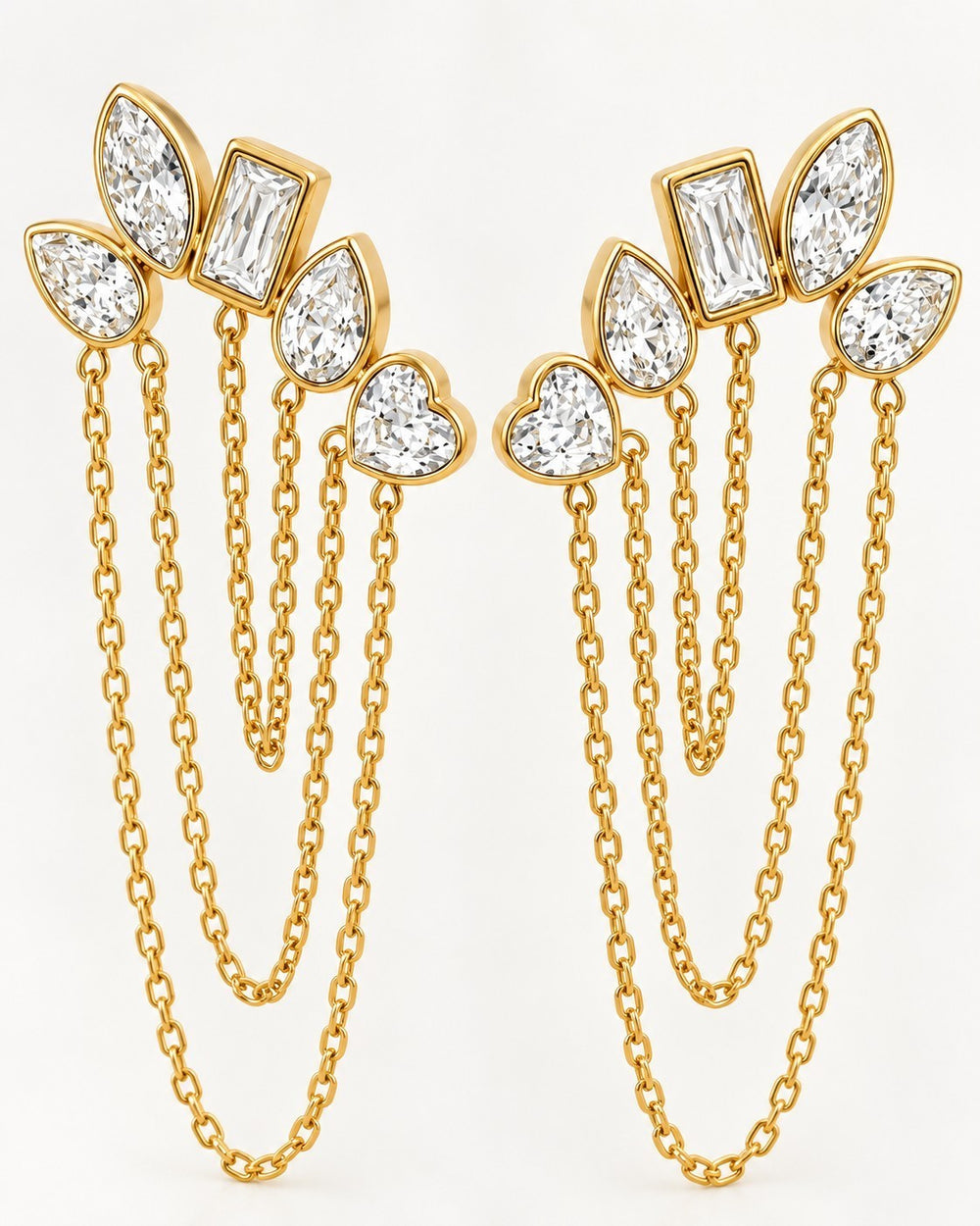 Elli Jewellery gold plated drop earrings featuring a cluster of mixed-cut crystals and delicate hanging chains.