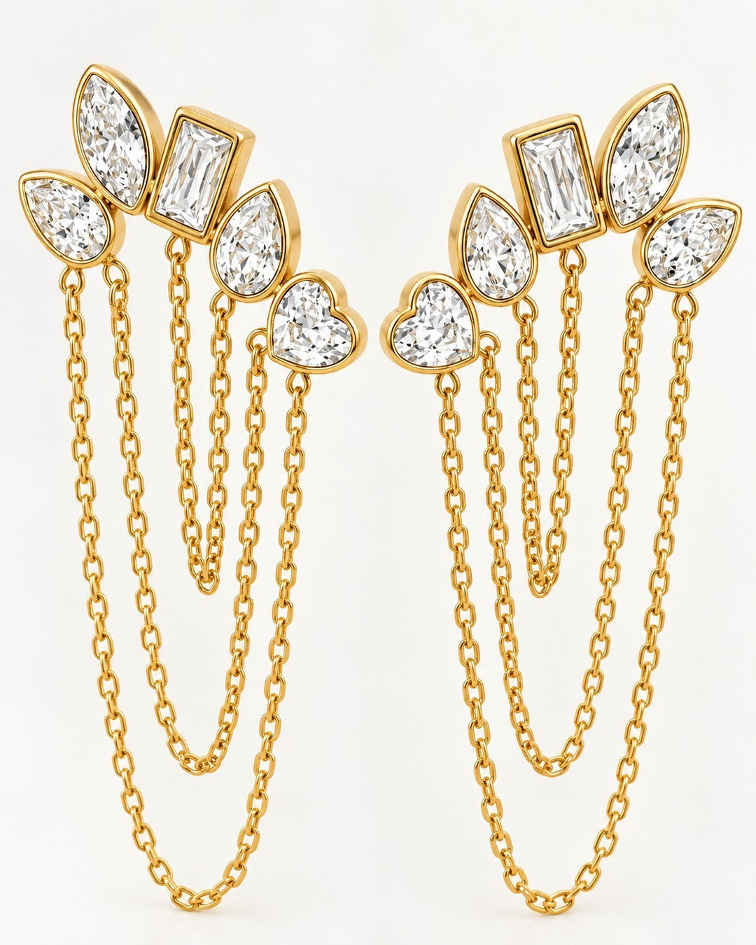 Elli Jewellery gold plated drop earrings featuring a cluster of mixed-cut crystals and delicate hanging chains.