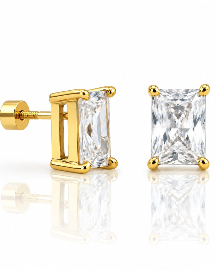 Elli Jewellery gold plated stud earrings featuring a sparkling emerald cut cubic zirconia stone on a white background