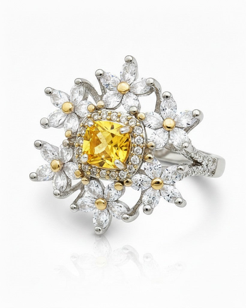 Elli Jewellery silver plated statement ring featuring a central yellow cubic zirconia stone surrounded by floral petals