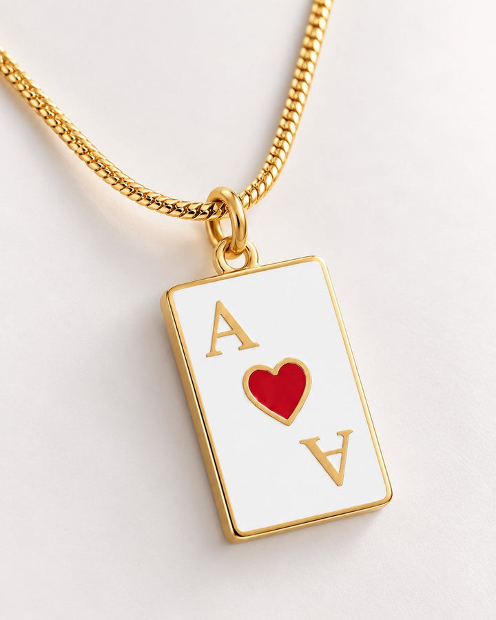 Elli Jewellery gold plated Ace of Hearts playing card pendant necklace on a delicate gold chain