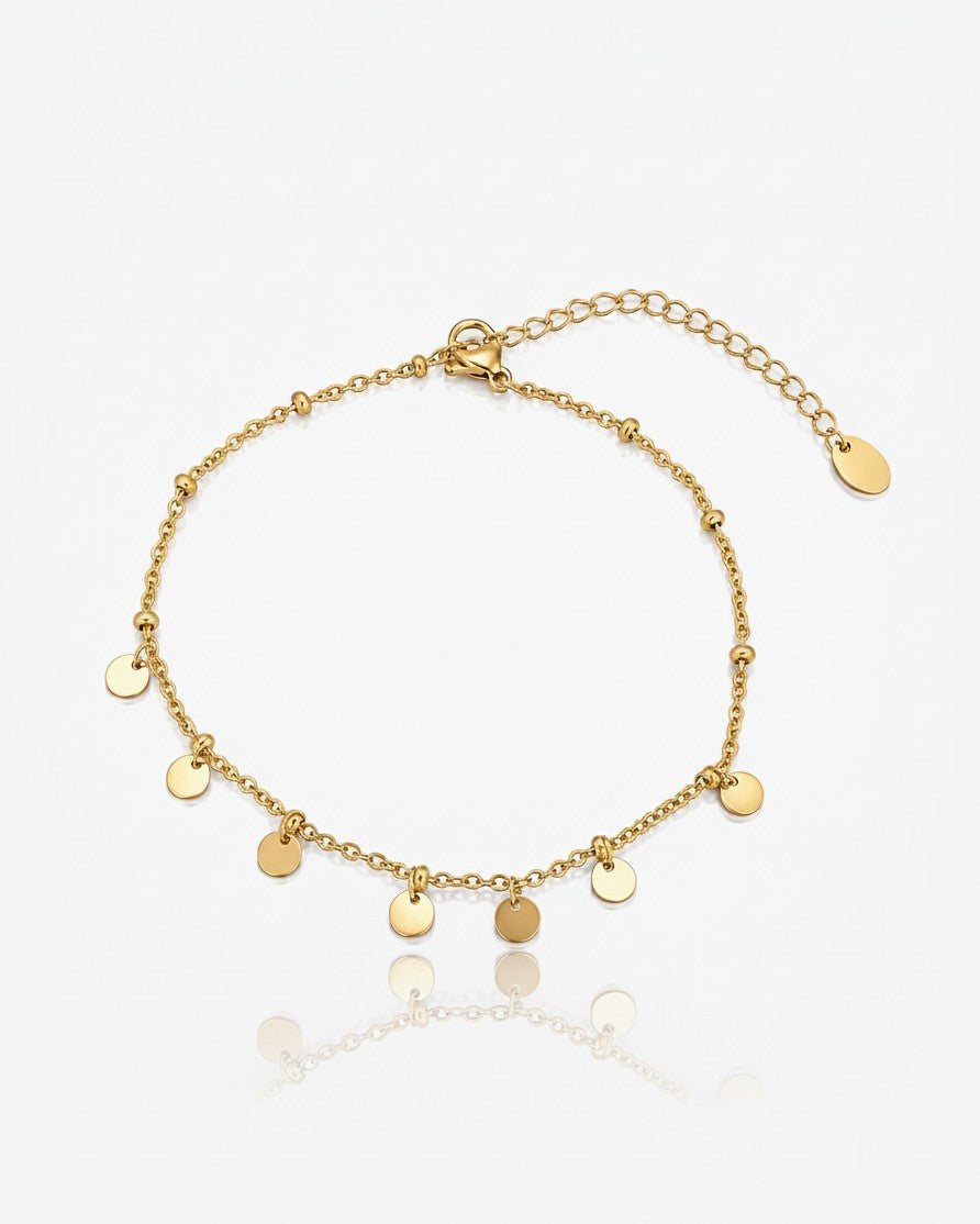 Elli Jewellery gold-toned anklet featuring a delicate chain with small ball accents and dangling circular charms.