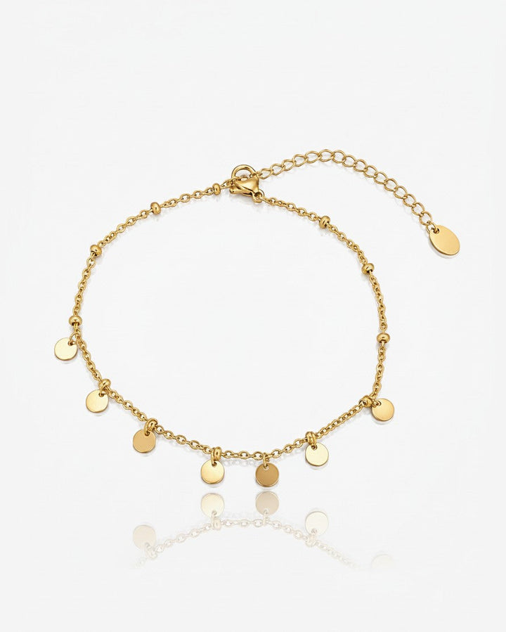 Elli Jewellery gold-toned anklet featuring a delicate chain with small ball accents and dangling circular charms.