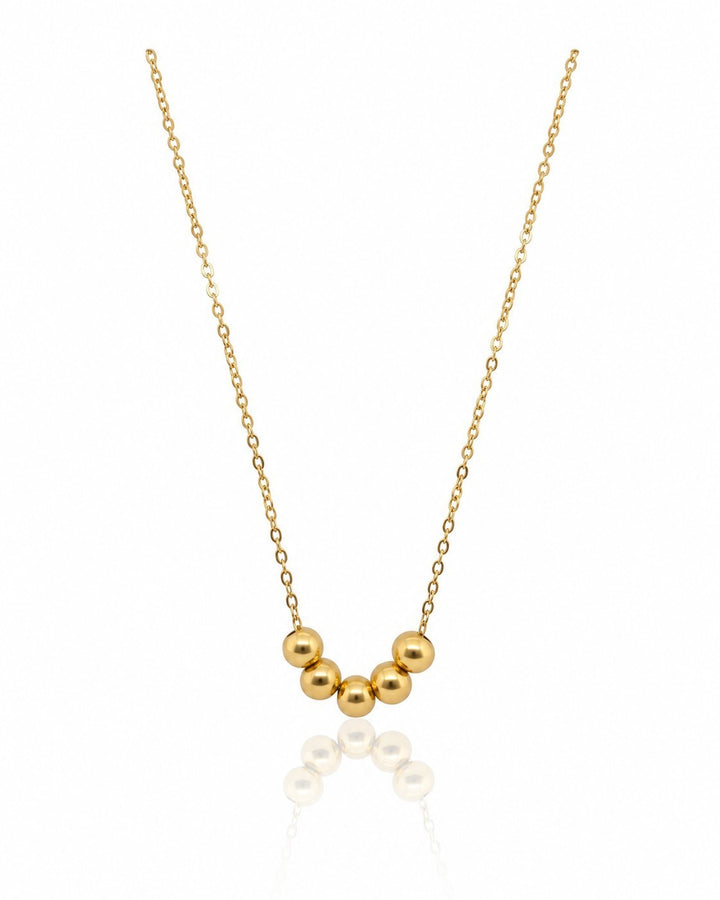 Elli Jewellery gold plated waterproof necklace featuring a delicate chain with five cascading spherical ball charms.